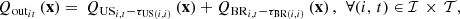 $$ {Q}_{{\mathrm{out}}_{{it}}}\left(\mathbf{x}\right)=\enspace {Q}_{{\mathrm{US}}_{i,t}-{\mathrm{\tau }}_{\mathrm{US}\left(i,i\right)}}\left(\mathbf{x}\right)+{Q}_{{\mathrm{BR}}_{i,t}-{\tau }_{\mathrm{BR}\left(i,i\right)}}\left(\mathbf{x}\right),\hspace{0.5em}\forall (i,\enspace t)\in \mathcal{I}\enspace \times \enspace \mathcal{T}, $$