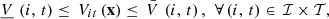 $$ \underline{V}\enspace \left(i,\enspace t\right)\le \enspace {V}_{{it}}\left(\mathbf{x}\right)\le \enspace \bar{V}\enspace \left(i,\enspace t\right),\hspace{0.5em}\forall \left(i,\enspace t\right)\in \enspace \mathcal{I}\times \mathcal{T}, $$