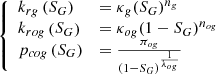 $$ \left\{\begin{array}{ll}{k}_{{rg}}\left({S}_G\right)& ={\kappa }_g({S}_G{)}^{{n}_g}\\ {k}_{{rog}}\left({S}_G\right)& ={\kappa }_{{og}}(1-{S}_G{)}^{{n}_{{og}}}\\ {p}_{{cog}}\left({S}_G\right)& =\frac{{\pi }_{{og}}}{(1-{S}_G{)}^{\frac{1}{{\lambda }_{{og}}}}}\end{array}\right. $$