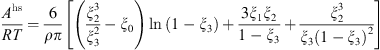 $$ \frac{{A}^{\mathrm{hs}}}{{RT}}=\frac{6}{{\rho \pi }}\left[\left(\frac{{\xi }_2^3}{{\xi }_3^2}-{\xi }_0\right)\mathrm{ln}\left(1-{\xi }_3\right)+\frac{{3\xi }_1{\xi }_2}{1-{\xi }_3}+\frac{{\xi }_2^3}{{\xi }_3{\left(1-{\xi }_3\right)}^2}\right] $$