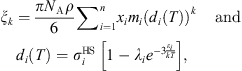 $$ {\xi }_k=\frac{\pi {N}_{\mathrm{A}}\rho }{6}{\sum }_{i=1}^n{x}_i{m}_i{\left({d}_i(T)\right)}^k\enspace \hspace{1em}\mathrm{and}\hspace{1em}{d}_i(T)={\sigma }_i^{\mathrm{HS}}\enspace \left[1-{\lambda }_i{e}^{-3\frac{{\epsilon }_i}{{kT}}}\right], $$