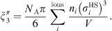 $$ {\xi }_3^{\prime\prime }=\frac{{N}_{\mathrm{A}}\pi }{6}\sum_i^{\mathrm{ions}}\frac{{n}_i{\left({\sigma }_i^{\mathrm{HS}}\right)}^3}{V}. $$