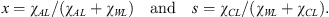 $$ x={\chi }_{{AL}}/\left({\chi }_{{AL}}+{\chi }_{{WL}}\right)\hspace{1em}\mathrm{and}\hspace{1em}s={\chi }_{{CL}}/\left({\chi }_{{WL}}+{\chi }_{{CL}}\right). $$