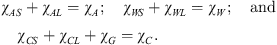 $$ {\chi }_{{AS}}+{\chi }_{{AL}}={\chi }_A;\hspace{1em}{\chi }_{{WS}}+{\chi }_{{WL}}={\chi }_W;\hspace{1em}\mathrm{and}\hspace{1em}{\chi }_{{CS}}+{\chi }_{{CL}}+{\chi }_G={\chi }_C. $$