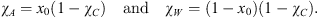 $$ {\chi }_A={x}_0\left(1-{\chi }_C\right)\hspace{1em}\mathrm{and}\hspace{1em}{\chi }_W=\left(1-{x}_0\right)(1-{\chi }_C). $$