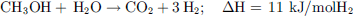 $$ {\mathrm{CH}}_3\mathrm{OH}+\enspace {\mathrm{H}}_2\mathrm{O}\to {\mathrm{CO}}_2+{3\enspace \mathrm{H}}_2;\hspace{1em}\Delta \mathrm{H}=\enspace 11\mathrm{\enspace }\mathrm{kJ}/\mathrm{mol}{\mathrm{H}}_2 $$