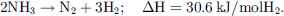 $$ {2\mathrm{NH}}_3\to {\mathrm{N}}_2+3{\mathrm{H}}_2;\hspace{1em}\Delta \mathrm{H}=30.6\enspace \mathrm{kJ}/\mathrm{mol}{\mathrm{H}}_2. $$