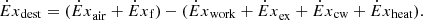 $$ {\dot{E}x}_{\mathrm{dest}}={{(\dot{E}x}_{\mathrm{air}}+{\dot{E}x}_{\mathrm{f}})-({\dot{E}x}_{\mathrm{work}}+\dot{E}x}_{\mathrm{ex}}+{\dot{E}x}_{\mathrm{cw}}+{\dot{E}x}_{\mathrm{heat}}). $$