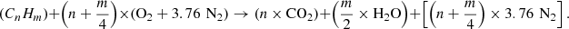 $$ \left({C}_n{H}_m\right)+\left(n+\frac{m}{4}\right)\times \left({\mathrm{O}}_2+3.76\enspace {\mathrm{N}}_2\right)\to \left(n\times {\mathrm{CO}}_2\right)+\left(\frac{m}{2}\times {\mathrm{H}}_2\mathrm{O}\right)+\left[\left(n+\frac{m}{4}\right)\times 3.76\enspace {\mathrm{N}}_2\right]. $$