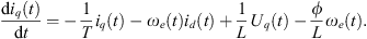 $$ \frac{\mathrm{d}{i}_q(t)}{\mathrm{d}t}=-\frac{1}{T}{i}_q(t)-{\omega }_e(t){i}_d(t)+\frac{1}{L}{U}_q(t)-\frac{\phi }{L}{\omega }_e(t). $$