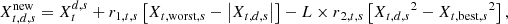 $$ {X}_{t,d,s}^{\mathrm{new}}={X}_t^{d,s}+{r}_{1,t,s}\left[{X}_{t,\mathrm{worst},s}-\left|{X}_{t,d,s}\right|\right]-{L\times r}_{2,t,s}\left[{{X}_{t,d,s}}^2-{{X}_{t,\mathrm{best},s}}^2\right], $$