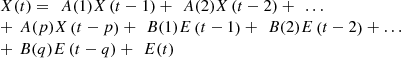 $$ \begin{array}{ll}& X(t)=\enspace {A}(1)X\left(t-1\right)+\enspace {A}(2)X\left(t-2\right)+\enspace \dots \\ & +\enspace {A}(p)X\left(t-p\right)+\enspace {B}(1)E\left(t-1\right)+\enspace {B}(2)E\left(t-2\right)+\dots \enspace \\ & +\enspace {B}(q)E\left(t-q\right)+\enspace {E}(t)\\ & \end{array} $$