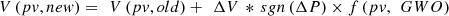 $$ V\left({pv},{new}\right)=\enspace {V}\left({pv},{old}\right)+\enspace \Delta {V}\enspace {*}\enspace {sgn}\left(\Delta P\right)\times f\left({pv},\enspace {GWO}\right) $$