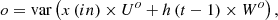 $$ o=\mathrm{var}\left(x\left({in}\right)\times {U}^o+h\left(t-1\right)\times {W}^o\right), $$