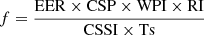 $$ f=\frac{\mathrm{EER}\times \mathrm{CSP}\times \mathrm{WPI}\times \mathrm{RI}}{\mathrm{CSSI}\times \mathrm{Ts}} $$