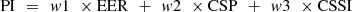$$ \mathrm{PI}\enspace =\enspace w1\enspace \times \mathrm{EER}\enspace +\enspace w2\enspace \times \mathrm{CSP}\enspace +\enspace w3\enspace \times \mathrm{CSSI} $$