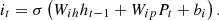 $$ {i}_t=\sigma \left({W}_{{ih}}{h}_{t-1}+{W}_{{ip}}{P}_t+{b}_i\right). $$