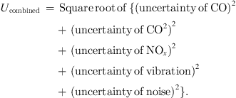 $$ {U}_{\mathrm{combined}}\enspace =\enspace \mathrm{Square}\enspace \mathrm{root}\enspace \mathrm{of}\enspace \{{(\mathrm{uncertainty}\enspace \mathrm{of}\enspace \mathrm{CO})}^2\enspace +\enspace {(\mathrm{uncertainty}\enspace \mathrm{of}\enspace {\mathrm{CO}}^2)}^2\enspace +\enspace {(\mathrm{uncertainty}\enspace \mathrm{of}\enspace {\mathrm{NO}}_x)}^2\enspace +\enspace {(\mathrm{uncertainty}\enspace \mathrm{of}\enspace \mathrm{vibration})}^2\enspace +\enspace {(\mathrm{uncertainty}\enspace \mathrm{of}\enspace \mathrm{noise})}^2\}. $$