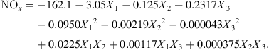 $$ {\mathrm{NO}}_x=-162.1-3.05{X}_1-0.125{X}_2+0.2317{X}_3-0.0950{{X}_1}^2-0.00219{{X}_2}^2-0.000043{{X}_3}^2+0.0225{X}_1{X}_2+0.00117{X}_1{X}_3+0.000375{X}_2{X}_3. $$