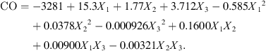 $$ \mathrm{CO}=-3281+15.3{X}_1+1.77{X}_2+3.712{X}_3-0.585{{X}_1}^2+0.0378{{X}_2}^2-0.000926{{X}_3}^2+0.1600{X}_1{X}_2+0.00900{X}_1{X}_3-0.00321{X}_2{X}_3. $$