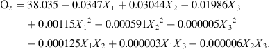 $$ {\mathrm{O}}_2=38.035-0.0347{X}_1+0.03044{X}_2-0.01986{X}_3+0.00115{{X}_1}^2-0.000591{{X}_2}^2+0.000005{{X}_3}^2-0.000125{X}_1{X}_2+0.000003{X}_1{X}_3-0.000006{X}_2{X}_3. $$