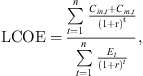 $$ \mathrm{LCOE}=\enspace \frac{\sum_{t=1}^n \frac{{C}_{{in},t}+{C}_{m,t}}{(1+\mathrm{r}{)}^{\mathrm{t}}}}{\sum_{t=1}^n \frac{{E}_t}{{(1+r)}^t}}, $$