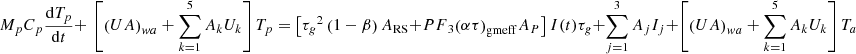 $$ {M}_p{C}_p\frac{\mathrm{d}{T}_p}{\mathrm{d}t}+\enspace \left[{\left({UA}\right)}_{{wa}}+\sum_{k=1}^5{A}_k{U}_k\right]{T}_p=\left[{{\tau }_g}^2\left(1-\beta \right){A}_{\mathrm{RS}}{+{PF}}_3{\left({\alpha \tau }\right)}_{\mathrm{gmeff}}{A}_P\right]I(t){\tau }_g+\sum_{j=1}^3{A}_j{I}_j+\left[{\left({UA}\right)}_{{wa}}+\sum_{k=1}^5{A}_k{U}_k\right]{T}_a $$