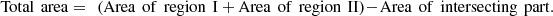 $$ \mathrm{Total}\enspace \mathrm{area}=\enspace \left(\mathrm{Area}\enspace \mathrm{of}\enspace \mathrm{region}\enspace \mathrm{I}+\mathrm{Area}\enspace \mathrm{of}\enspace \mathrm{region}\enspace \mathrm{II}\right)-\mathrm{Area}\enspace \mathrm{of}\enspace \mathrm{intersecting}\enspace \mathrm{part}. $$