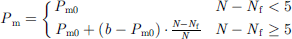 $$ {P}_{\mathrm{m}}=\left\{\begin{array}{cc}{P}_{\mathrm{m}0}& N-{N}_{\mathrm{f}}<5\\ {P}_{\mathrm{m}0}+\left(b-{P}_{\mathrm{m}0}\right)\cdot \frac{N-{N}_{\mathrm{f}}}{N}& N-{N}_{\mathrm{f}}\ge 5\end{array}\right. $$