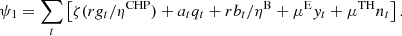 $$ {\psi }_1=\sum_t \left[\zeta (r{g}_t/{\eta }^{\mathrm{CHP}})+{a}_t{q}_t+r{b}_t/{\eta }^{\mathrm{B}}+{\mu }^{\mathrm{E}}{y}_t+{\mu }^{\mathrm{TH}}{n}_t\right]. $$