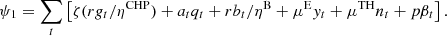 $$ {\psi }_1=\sum_t \left[\zeta (r{g}_t/{\eta }^{\mathrm{CHP}})+{a}_t{q}_t+r{b}_t/{\eta }^{\mathrm{B}}+{\mu }^{\mathrm{E}}{y}_t+{\mu }^{\mathrm{TH}}{n}_t+p{\beta }_t\right]. $$