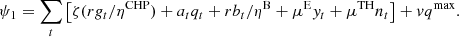 $$ {\psi }_1=\sum_t \left[\zeta (r{g}_t/{\eta }^{\mathrm{CHP}})+{a}_t{q}_t+r{b}_t/{\eta }^{\mathrm{B}}+{\mu }^{\mathrm{E}}{y}_t+{\mu }^{\mathrm{TH}}{n}_t\right]+v{q}^{\mathrm{max}}. $$