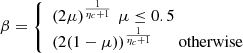 $$ \beta =\left\{\begin{array}{l}(2\mu {)}^{\frac{1}{{\eta }_c+1}}\enspace \mu \le 0.5\\ (2(1-\mu ){)}^{\frac{1}{{\eta }_c+1}}\hspace{1em}\hspace{1em}\mathrm{otherwise}\end{array}\right. $$
