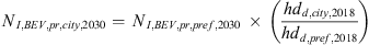 $$ {N}_{I,{BEV},{pr},{city},2030}=\enspace {N}_{I,{BEV},{pr},{pref},2030}\enspace \times \enspace \left(\frac{h{d}_{d,{city},2018}}{h{d}_{d,{pref},2018}}\right) $$