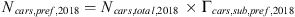 $$ {N}_{{cars},{pref},2018}={N}_{{cars},{total},2018}\enspace \times {\mathrm{\Gamma }}_{{cars},{sub},{pref},2018} $$