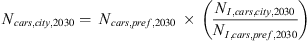 $$ {N}_{{cars},{city},2030}=\enspace {N}_{{cars},{pref},2030}\enspace \times \enspace \left(\frac{{N}_{I,{cars},{city},2030}}{{N}_{I,{cars},{pref},2030}}\right) $$