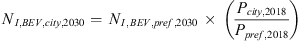 $$ {N}_{I,{BEV},{city},2030}=\enspace {N}_{I,\enspace {BEV},{pref},2030}\enspace \times \enspace \left(\frac{{P}_{{city},2018}}{{P}_{{pref},2018}}\right) $$