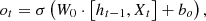 $$ {o}_t=\sigma \left({W}_0\cdot \left[{h}_{t-1},{X}_t\right]+{b}_o\right), $$