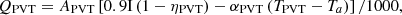 $$ {Q}_{\mathrm{PVT}}={A}_{\mathrm{PVT}}\left[0.9\mathrm{I}\left(1-{\eta }_{\mathrm{PVT}}\right)-{\alpha }_{\mathrm{PVT}}\left({T}_{\mathrm{PVT}}-{T}_a\right)\right]/1000, $$