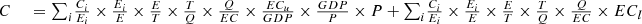 $$ \begin{array}{rr}C& \enspace ={\sum }_i \frac{{C}_i}{{E}_i}\times \frac{{E}_i}{E}\times \frac{E}{T}\times \frac{T}{Q}\times \frac{Q}{{EC}}\times \frac{E{C}_u}{{GDP}}\times \frac{{GDP}}{P}\times P+{\sum }_i\frac{{C}_i}{{E}_i}\times \frac{{E}_i}{E}\times \frac{E}{T}\times \frac{T}{Q}\times \frac{Q}{{EC}}\times {{EC}}_l\end{array} $$