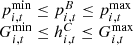 $$ \begin{array}{c}{p}_{i,t}^{\mathrm{min}}\le {p}_{i,t}^B\le {p}_{i,t}^{\mathrm{max}}\\ {G}_{i,t}^{\mathrm{min}}\le {h}_{i,t}^C\le {G}_{i,t}^{\mathrm{max}}\end{array} $$