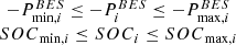 $$ \begin{array}{c}-{P}_{\mathrm{min},i}^{{BES}}\le -{P}_i^{{BES}}\le -{P}_{\mathrm{max},i}^{{BES}}\\ {{SOC}}_{\mathrm{min},i}\le {{SOC}}_i\le {{SOC}}_{\mathrm{max},i}\end{array} $$