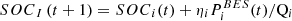 $$ {{SOC}}_I\left(t+1\right)={{SOC}}_i(t)+{\eta }_i{P}_i^{{BES}}(t)/{\mathrm{Q}}_i $$