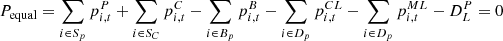 $$ {P}_{\mathrm{equal}}=\sum_{i\in {S}_p}{p}_{i,t}^P+\sum_{i\in {S}_C}{p}_{i,t}^C-\sum_{i\in {B}_p}{p}_{i,t}^B-\sum_{i\in {D}_p}{p}_{i,t}^{{CL}}-\sum_{i\in {D}_p}{p}_{i,t}^{{ML}}-{D}_L^P=0 $$