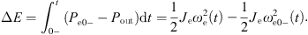 $$ \Delta E={\int }_{0-}^t{(P}_{\mathrm{e}0-}-{P}_{\mathrm{out}})\mathrm{d}t=\frac{1}{2}{J}_{\mathrm{e}}{\omega }_{\mathrm{e}}^2(t)-\frac{1}{2}{J}_{\mathrm{e}}{\omega }_{\mathrm{e}0-}^2(t). $$