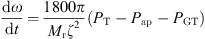 $$ \frac{\mathrm{d}\omega }{\mathrm{d}t}=\frac{1800\pi }{{M}_{\mathrm{r}}{\zeta }^2}({P}_{\mathrm{T}}-{P}_{\mathrm{ap}}-{P}_{\mathrm{GT}}) $$