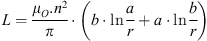 $$ L=\frac{{\mu }_O.{n}^2}{\pi }\cdot \left(b\cdot \mathrm{ln}\frac{a}{r}+a\cdot \mathrm{ln}\frac{b}{r}\right) $$