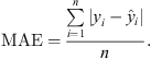$$ \mathrm{MAE}=\frac{\sum_{i=1}^n \left|{y}_i-{\hat{y}}_i\right|}{n}. $$