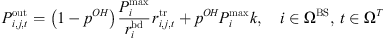 $$ \begin{array}{cc}{P}_{i,j,t}^{\mathrm{out}}=\left(1-{p}^{{OH}}\right)\frac{{P}_i^{\mathrm{max}}}{{r}_i^{\mathrm{bd}}}{r}_{i,j,t}^{\mathrm{tr}}+{p}^{{OH}}{P}_i^{\mathrm{max}}k,& i\in {\mathrm{\Omega }}^{\mathrm{BS}},t\in {\mathrm{\Omega }}^T\end{array} $$