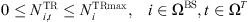 $$ \begin{array}{cc}0\le {N}_{i,t}^{\mathrm{TR}}\le {N}_i^{\mathrm{TRmax}},& i\in {\mathrm{\Omega }}^{\mathrm{BS}},t\in {\mathrm{\Omega }}^T\end{array} $$